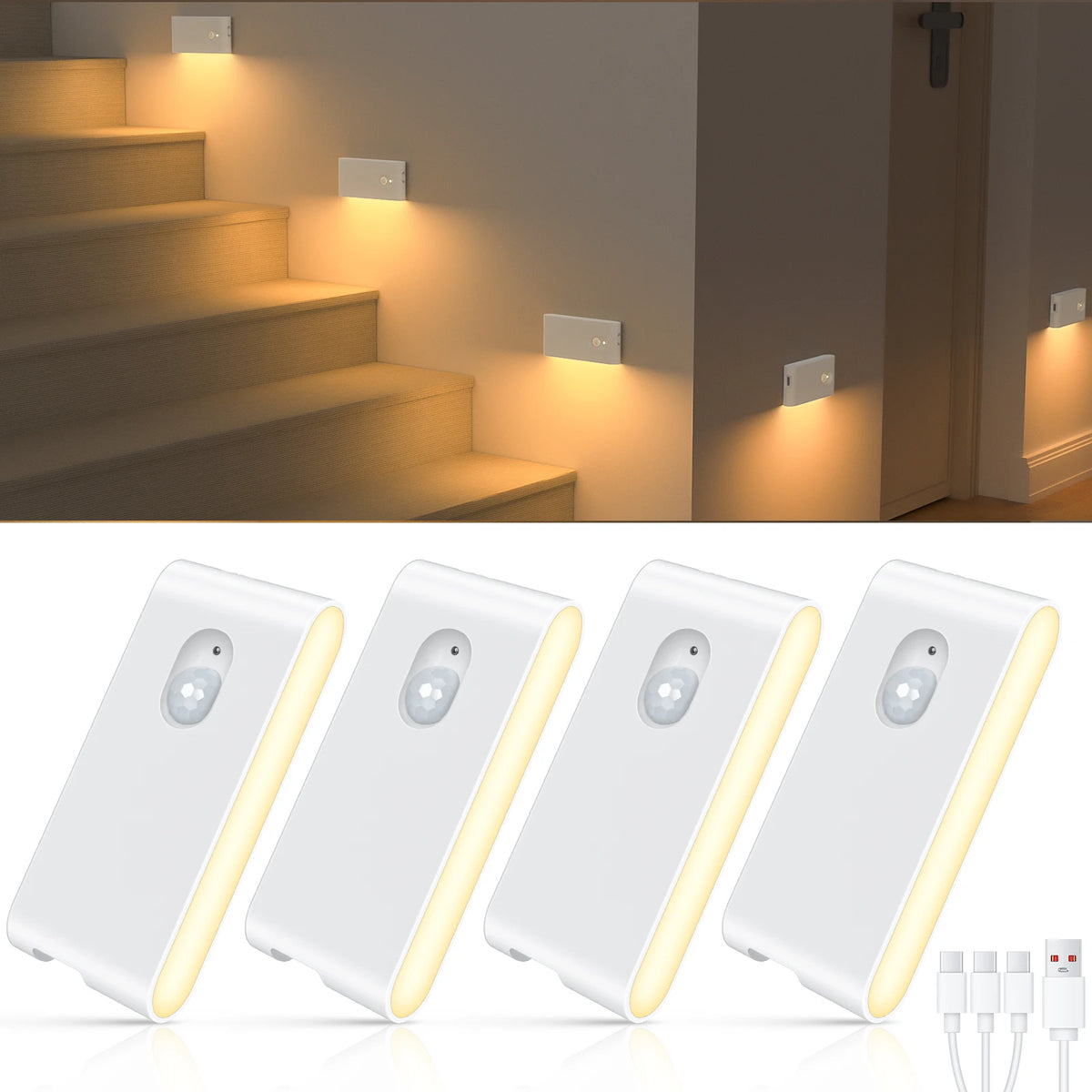 Motion Sensor Wireless Stair Lights Indoor Battery Rechargeable Night Lights for Stairway Hallway Kitchen Cabinet Bedroom