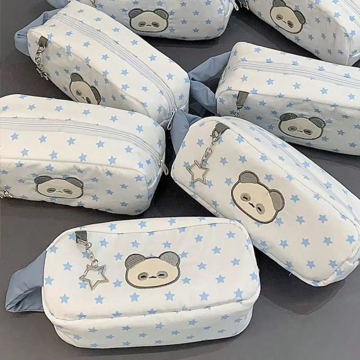 Large Capacity Star Print Animal Pencil Case With Embroidered Bunny Design