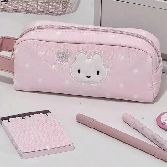 Large Capacity Star Print Animal Pencil Case With Embroidered Bunny Design
